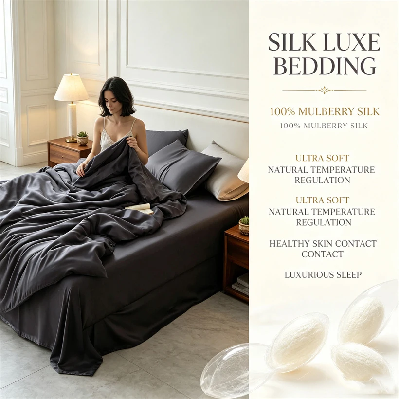 100% Mulberry Silk Bedding Set Luxury Smooth Silk Duvet Cover Bed Sheet Pillowcase Hair Care Soft Bed Linen King Queen Twin Size