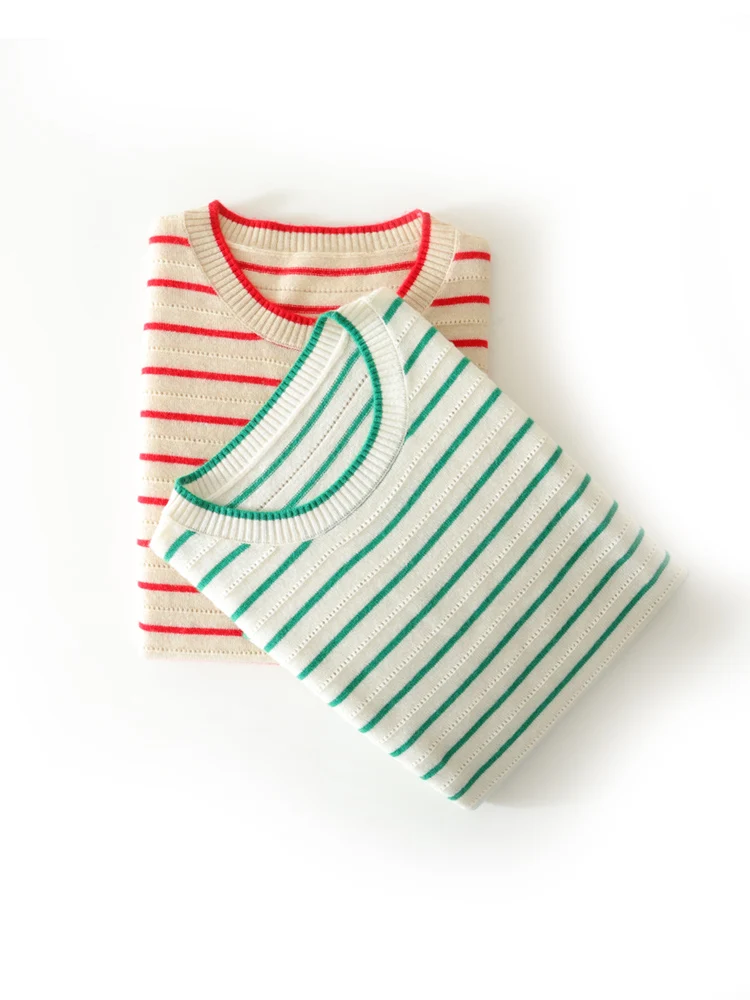 Women Cashmere T-shirt O-neck Short Sleeve Pullover Sweater For Spring Summer 100% Cashmere Knitwear Female Striped T-shirt