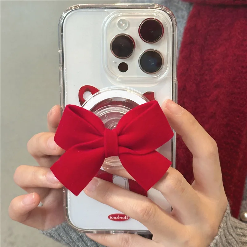 INS Red Velvet Bowknot Magnetic Attraction Holder For Magsafe Phone Griptok Grip Tok Stand For iPhone Samsung Universal Bracket