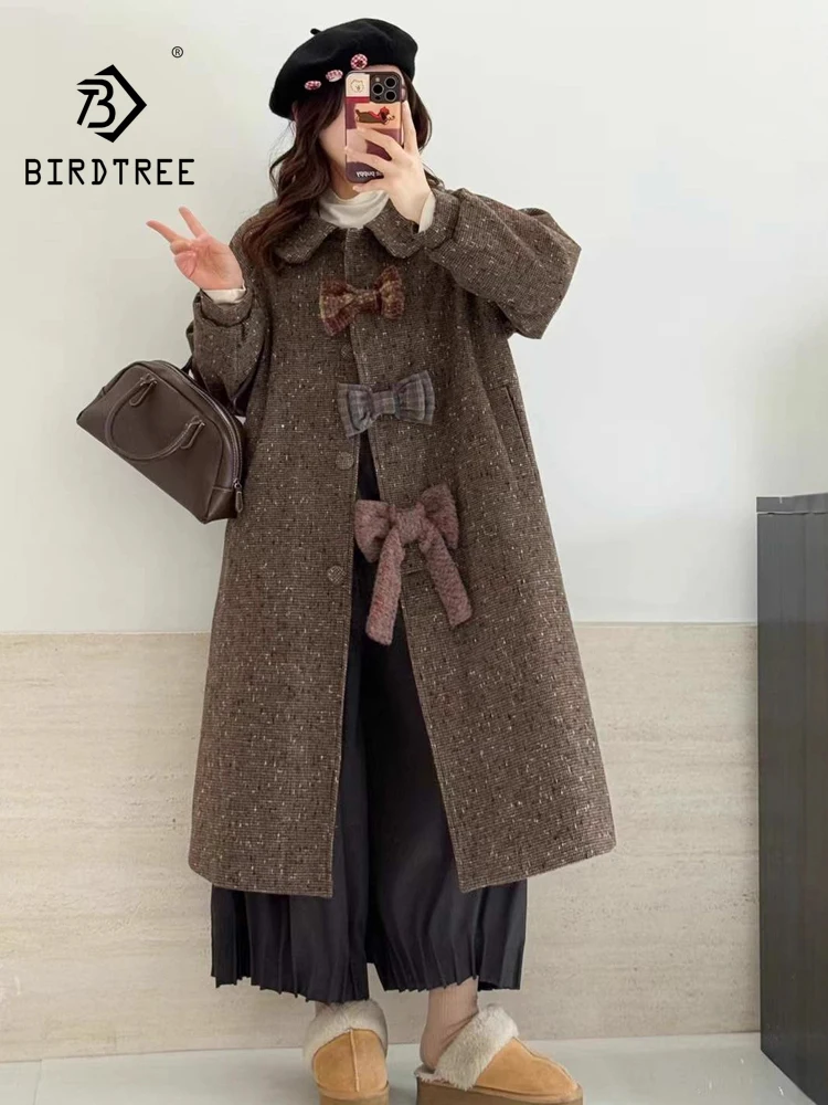 

New 2025 Winter Long Sleeve Overcoat, Women Turn-down Collar Bow Patchwork, Mori Girl Age Reduction Warm Loose Jacket C5D183CC