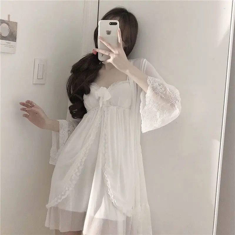 Robe Nightgown Sets Women Sexy All-match Summer Sweet Sleepwear Seductive Tender Soft Lounge Wear Lace Trendy Bow Ulzzang New