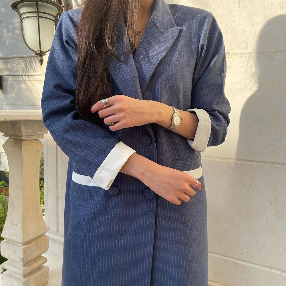 Blue Abaya Blazer Long Jacket One Piece Pinstripe Peak Lapel Women Coat Formal Occasion Costume Elegant Female Costume Suits