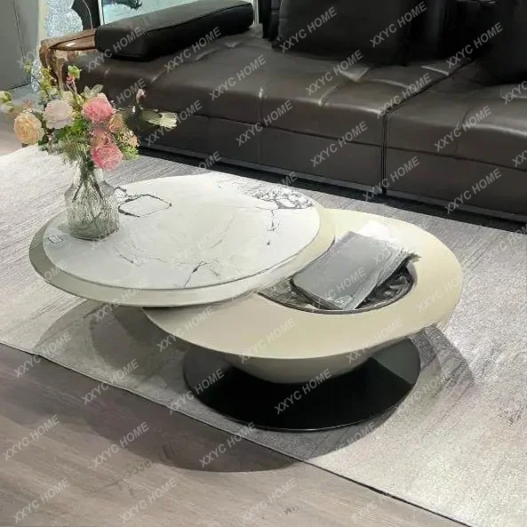 

A cream style marble coffee table round rotating function small tea table