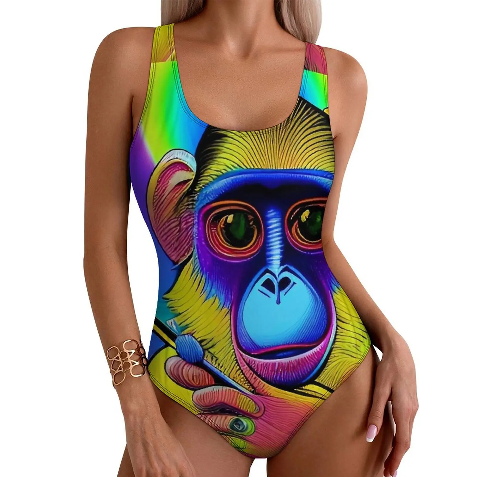 Cute Monkey Swimsuit Sexy Funny Animal Print Female Swimwear One-Piece Fantasy Bodysuit Surfing Push Up Hollow Out Bathing Suits