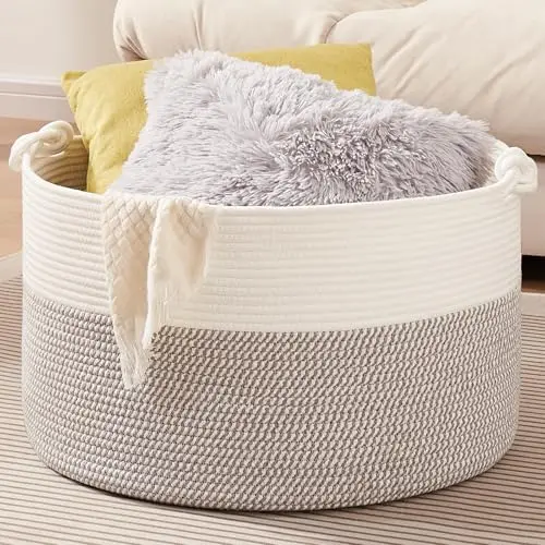 

Большая корзина для хранения одеял в гостиной, 22,8 x 22,8 x 13 дюймов, плетеная корзина из хлопкового каната с ручками, для детских игрушек