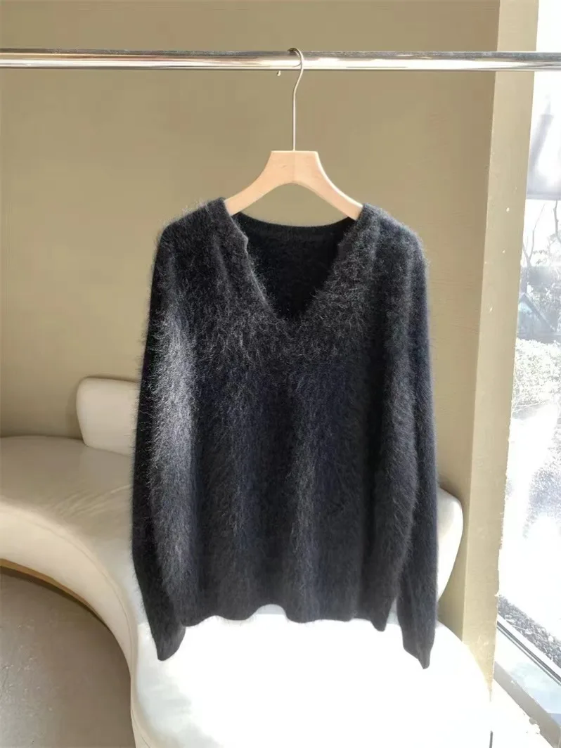 Fufu susu ketan lembut bulu cerpelai imitasi putih untuk wanita musim gugur musim dingin baru longgar dan malas V-Neck Sweater rajutan dengan Dalaman