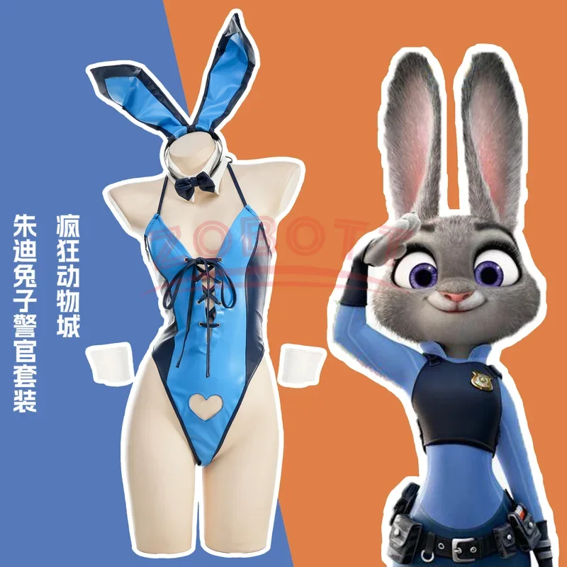 Anime Judy Hopps cosplay costume girl love hollow leather halter bodysuit rabbit uniform outfit roleplay underwear set