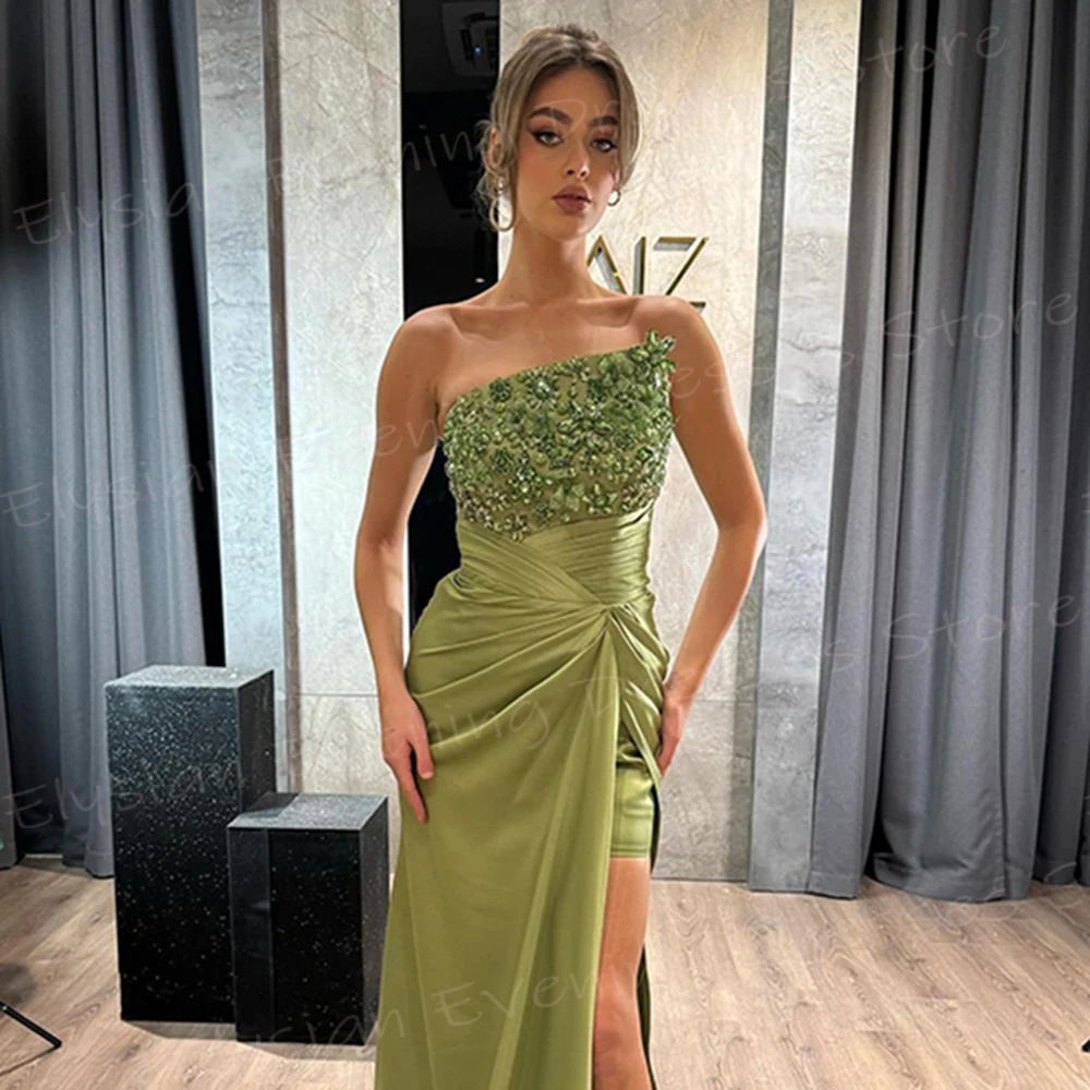 Vestido de noche clásico de sirena para mujer, traje verde sin tirantes, con cuentas, plisado lateral