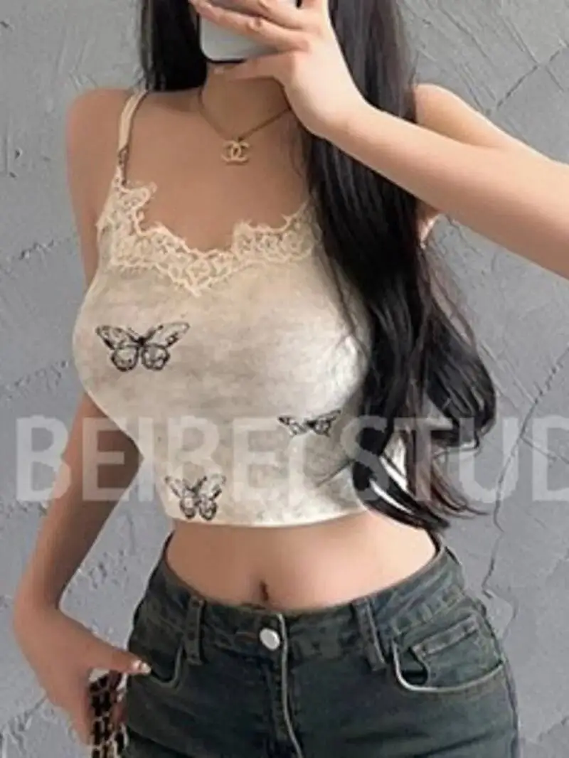 Pure Desire Hot Girl Lace Splicing Strap Vest Women's Summer Short Butterfly Printed Top Fashion Tank Tops Butterfly 2025 B7UD