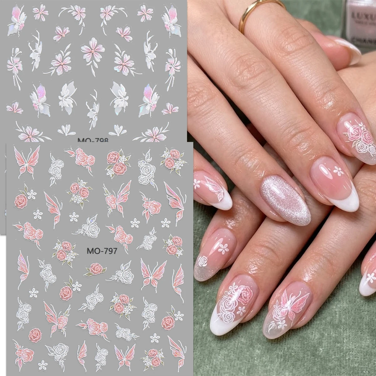 Iridescent Holographic Butterfly & Rose Nail Stickers, Soft Pink White Line-drawn Flower Nail Decals, Spring Summer Wedding