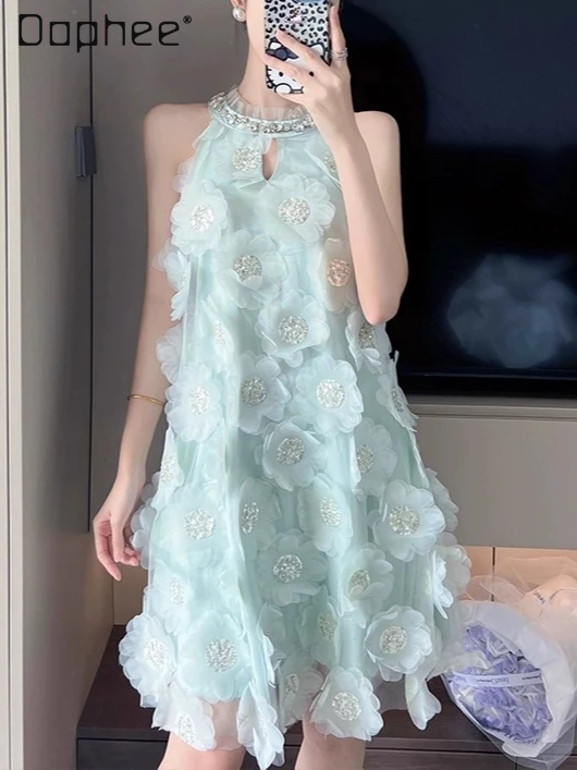 

Sweet Temperament Lace Dress Socialite Heavy Industry Rhinestone Three-dimensional Flower Halter Off Shoulder Evening Dresses
