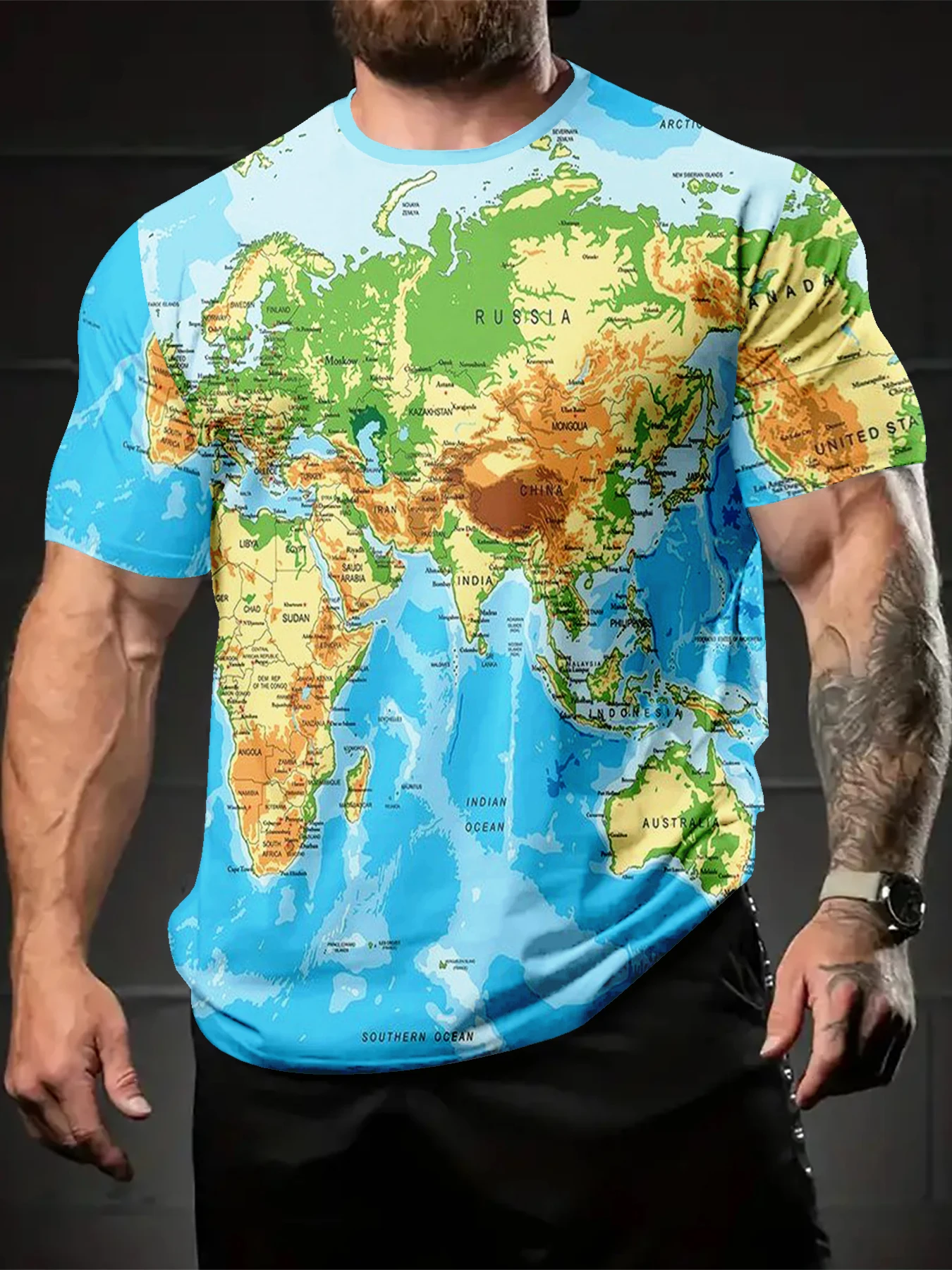 Crew Neck T-Shirt For Men, Geographic Terrain Sea Landscape Pattern
