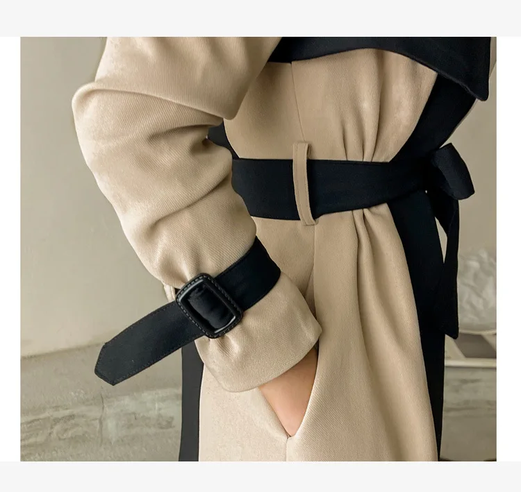 Women\'s Autumn New Korean Edition Notched Collar Long Windbreaker British Style Color blocked Strap up Trench Jackets