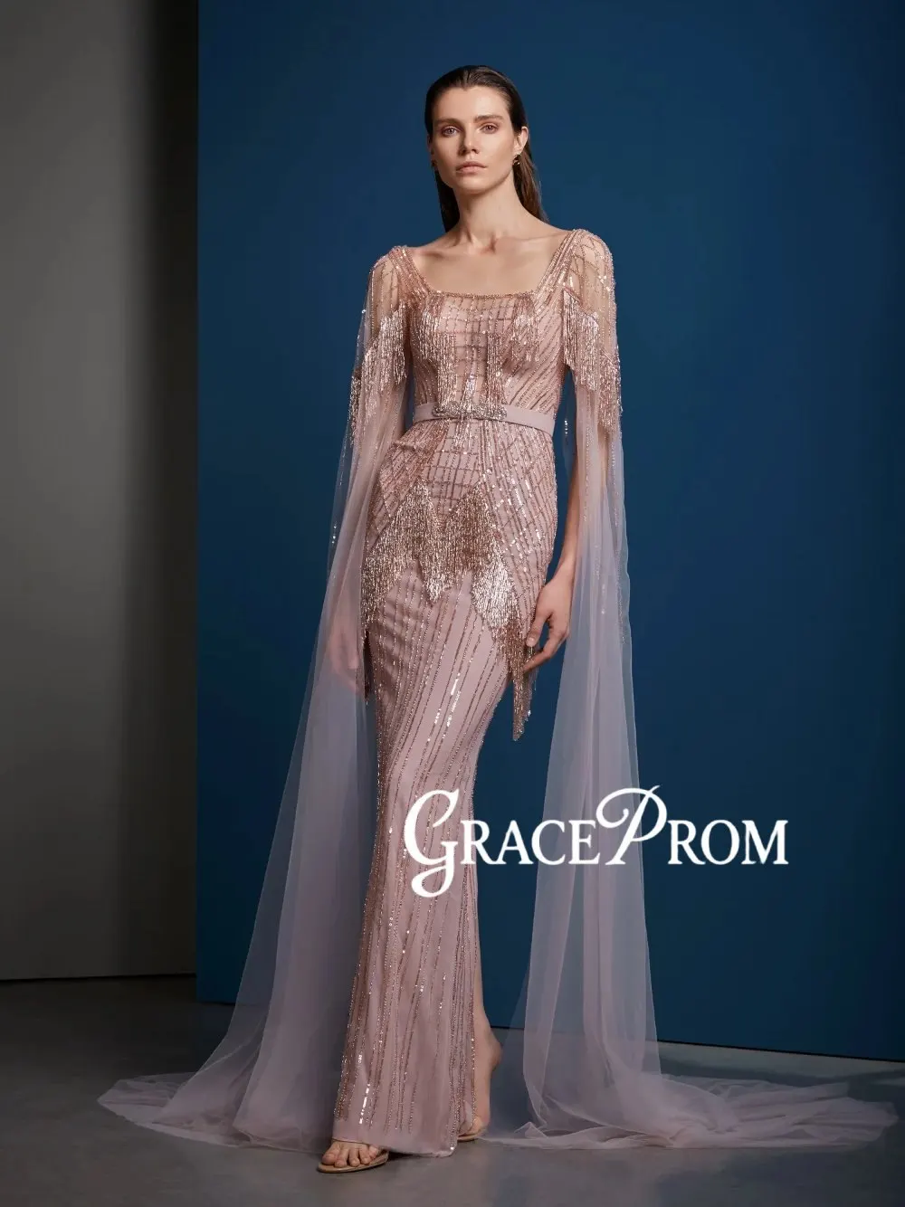 

Luxury Rose Gold Sequin Evening Dress Delicate Square Neck Cape Sleeve Beaded Tassel Mermaid Formal Galas Prom Gown Customized