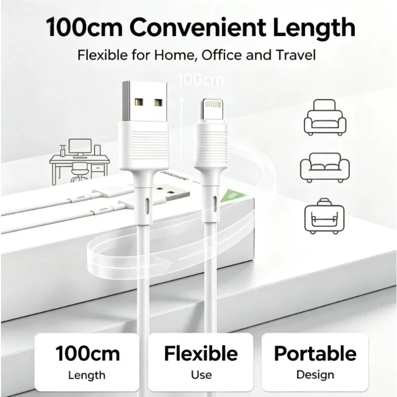 Cavo USB-A-Lightning, ricarica rapida 2,1A-3A, cavo dati a 8 pin, cavo di ricarica bianco da 100/120/200 cm per iPhone e iPad.