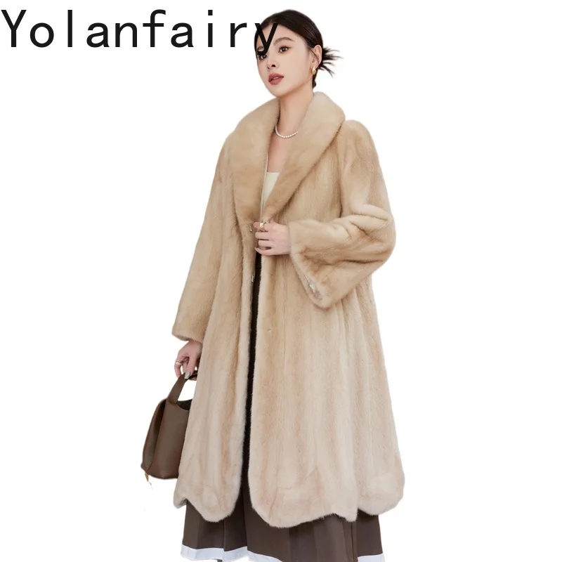 YOLANFAIRY معاطف فرو المنك الطبيعية الكاملة امرأة فاخرة شتاء 2025 منتصف طول معطف الفرو الحقيقي امرأة فرو المنك سترة Fourrures فام