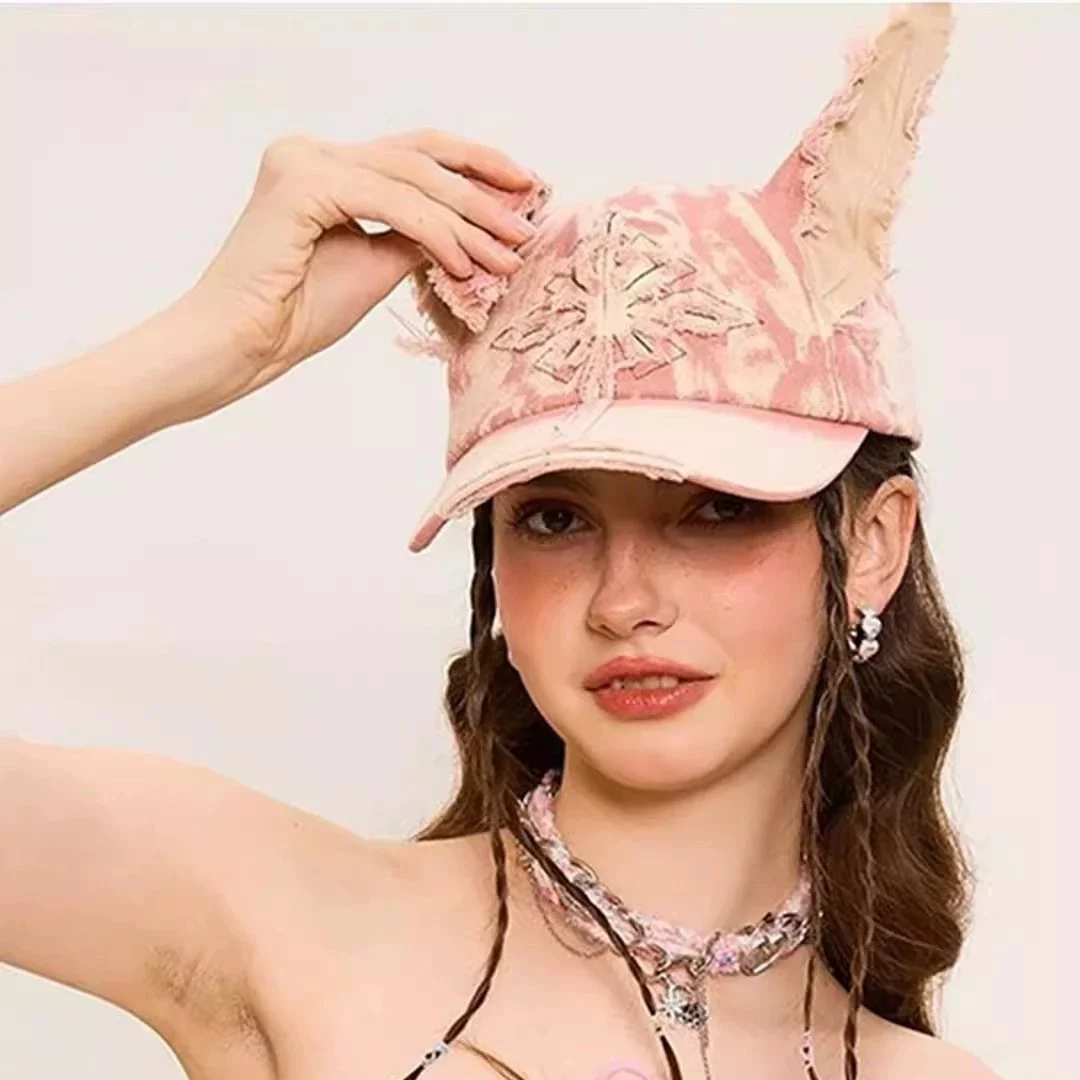 American-Style Streetwear Doberman-Ear Denim Baseball Cap—Washed, Distressed, Niche, and Unique