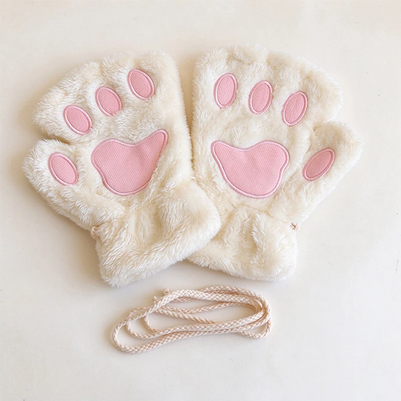 Cute Cat Paw Fingerless Plush Gloves With Hanging Rope Winter Warm Thickened Gloves for Cycling Writing Girls cola de gato