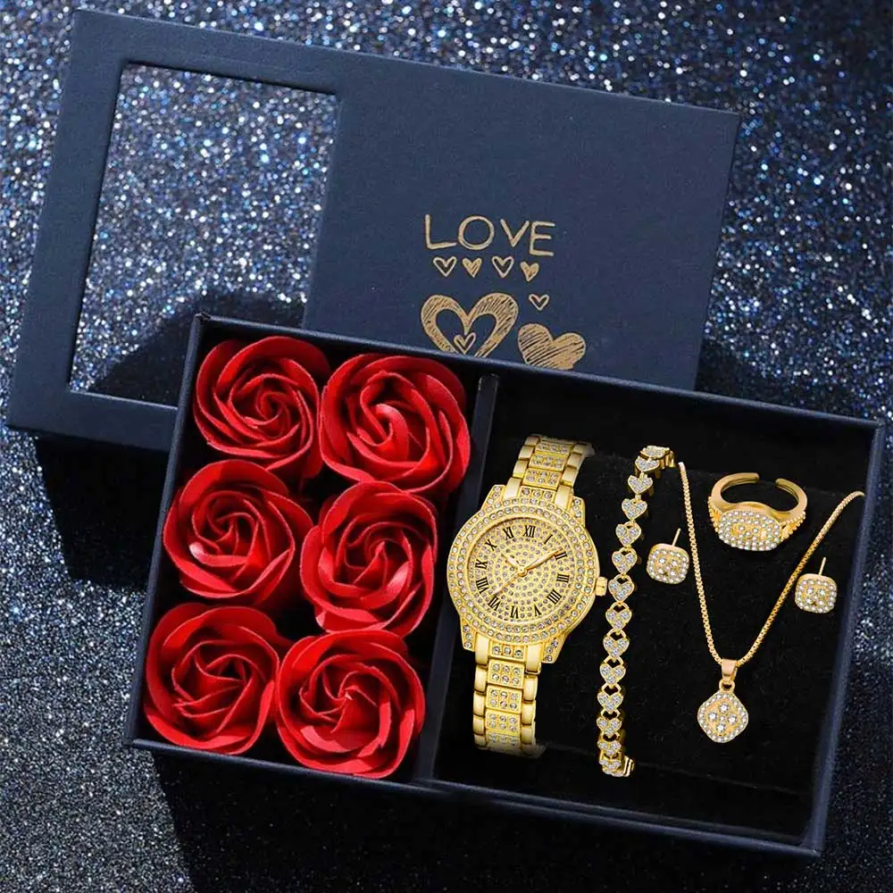 

6 шт./компл. золотые женские часы, модные роскошные модные кварцевые часы с круглым циферблатом, браслет, ожерелье, серьги, идеальный подарочный набор