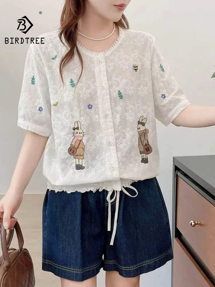 

New 2026 Summer Women Cotton Short Sleeve Shirt, Stand Cartoon Embroidery, Mori Girl Casual Preppy Style Loose Blouse T65623CC