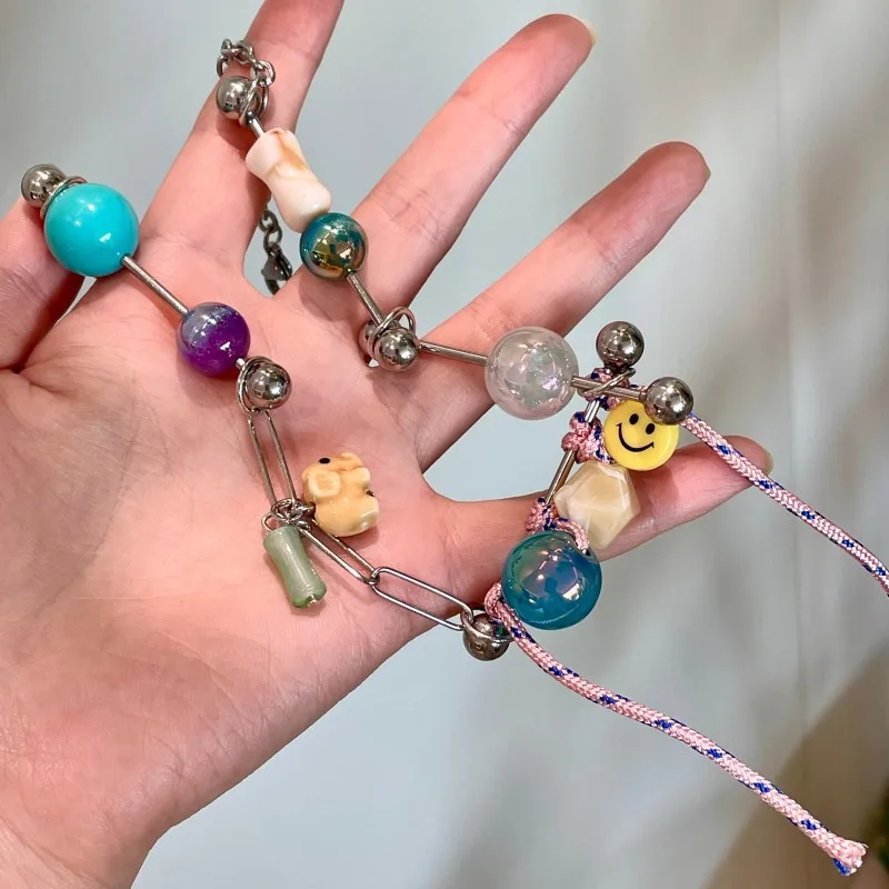 Colored crystal glass beaded smiley face necklace women's handmade knitted sweater chain view 4