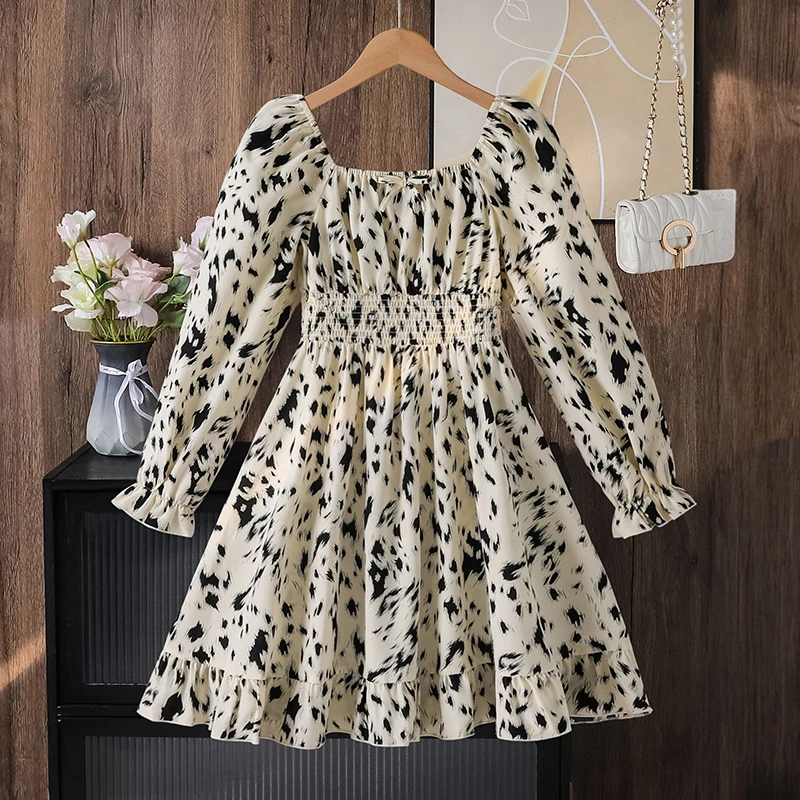 Girls 8-12 Spring Autumn Long Sleeve Leopard Print Dress Square Neck Smocked Waist Ruffle Hem A-Line Kids Casual Dress