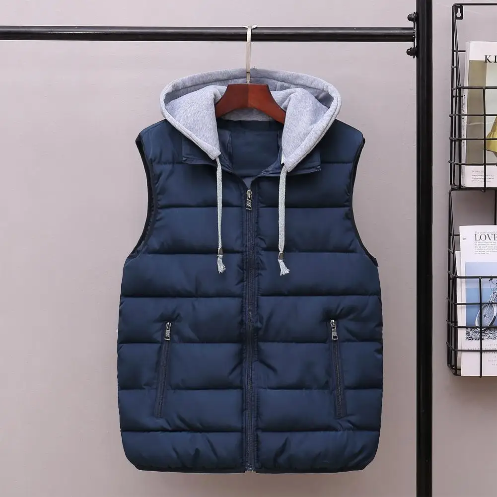 Cold Weather Vest Coat Men's Hooded Sleeveless Down Vest with Zipper Closure Pockets Warm Comfortable Waistcoat for Winter