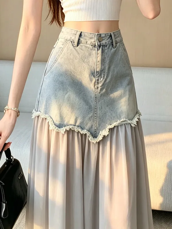 Women's Niche Design Denim Patchwork Midi Skirt Summer Thin Irregular Fringe High Waist Draped Bodycon Maxi Skirt