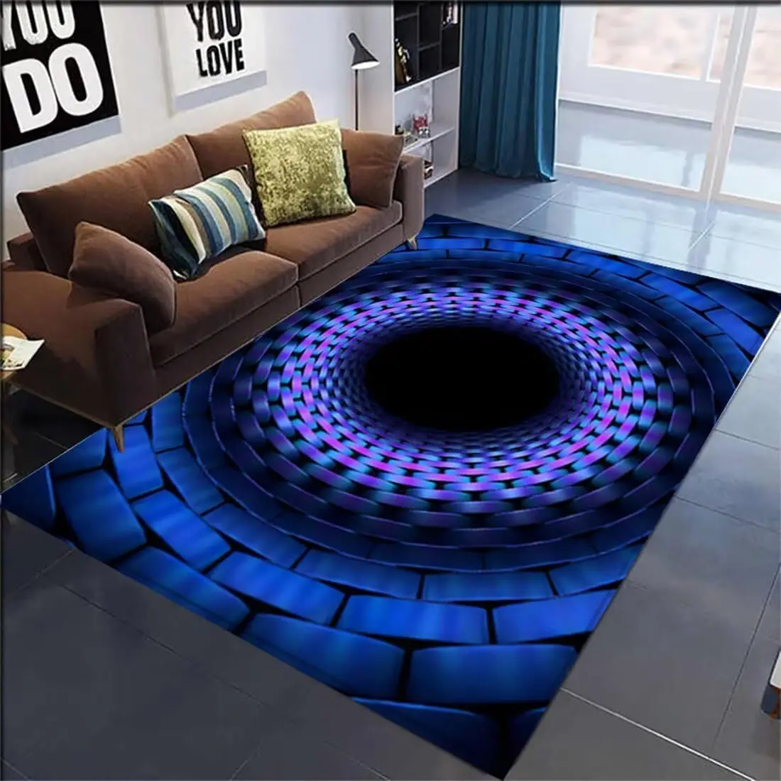 Royal Blue Brick Bottomless Hole Area Rug for Kids Playroom 3D Trap Optical Visual Illusion Rugs Room Decor Floor Carpet Bedroom