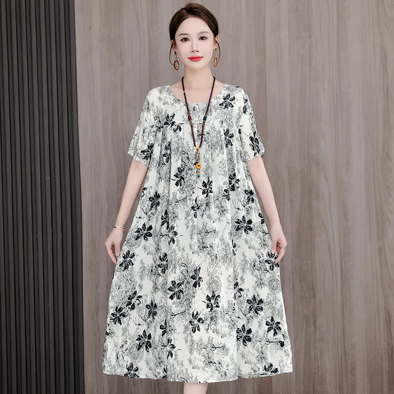 New Casual Fashion 2025 Summer Dress For Women Floral Printing Short Sleeve Elegant Vintage O-Neck Dresses Women Clothing