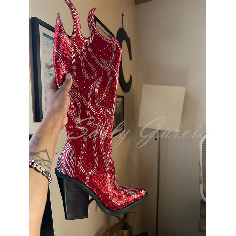 Women's Rhinestone Flame Pattern Knee High Boots Leather Pointed Toe Chunky High Heel Fashion Side Zipper Sparkly Long Boots