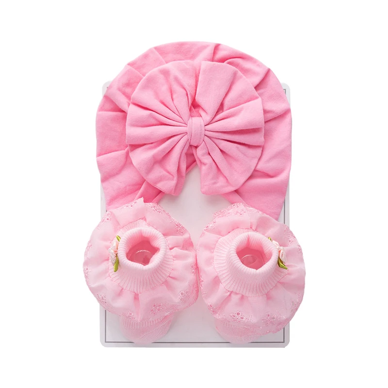 Adorable Baby Girl Headband and Booties Set Stylish Bowknot Turban Headband with Lace Detailing Socks Infant Gift