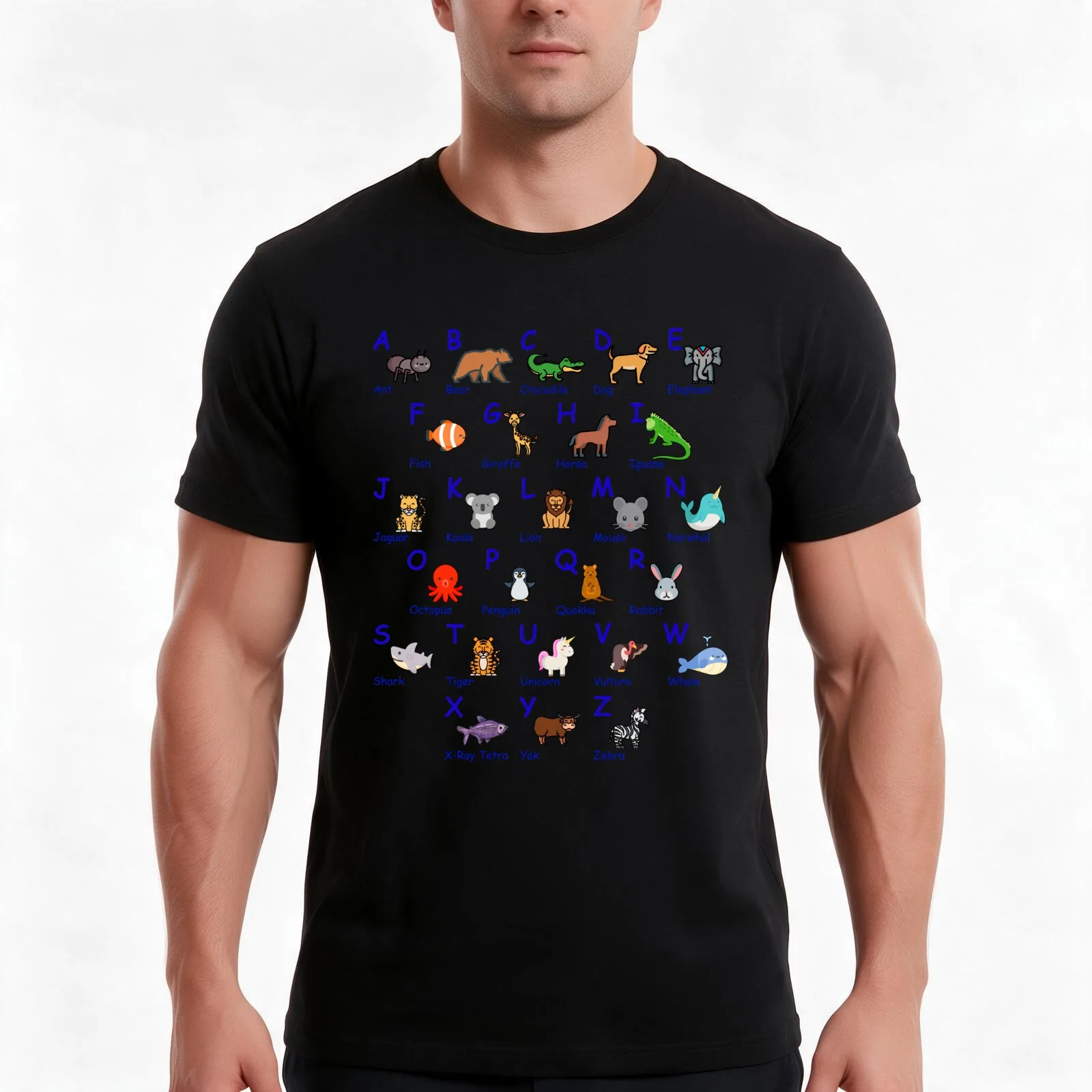 Learn alphabet with animals, Abc T-Shirt, Summer Casual Cotton Tee, Oversized Streetwear Tops, Vintage Graphic Print