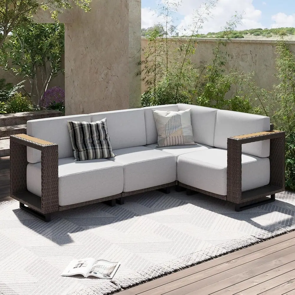 4-Piece Outdoor Wicker Sectional Sofa Set with Weather-Resistant Cushions for Patio, Garden, and Poolside in Brown/Light Gray