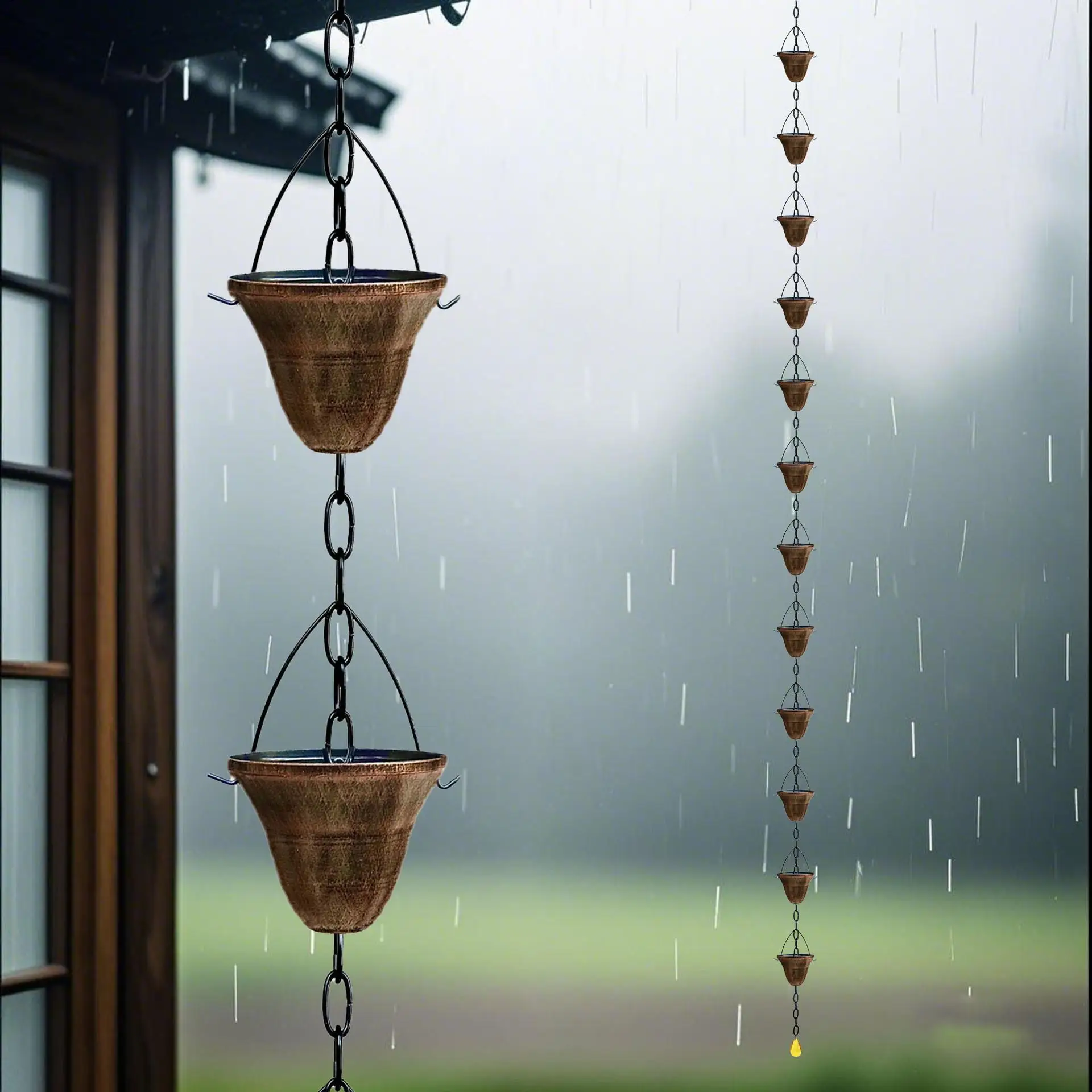 Rain Chain 12 Cups Metal Decorative Heavy Duty Rainchains Gutter Rain Chain Chime for Rainwater Outdoor Outside Garden Yard