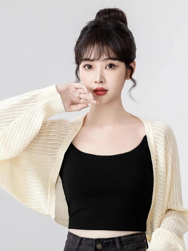 

Korobov Summer Korean Solid Batwing Sleeve Hollow Out Loose Knitted Mini Cardigan