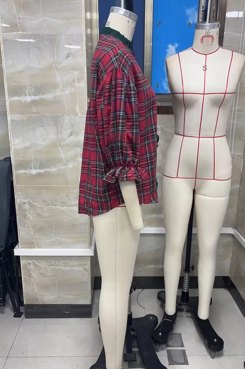 Women Plaid Tops Buttons 3/4 Sleeve Blouse Elegant Christmas Holiday Shirts