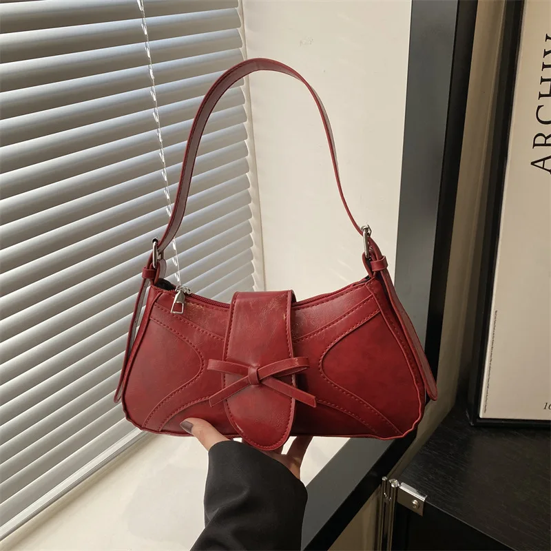 

Sweet Bow Thread Design Women Shoulder Bags Simple Versatile Ladies Handbags Purse Portable Solid Color Female Pu Underarm Bag