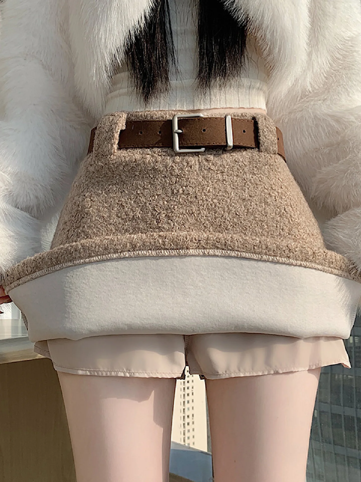 

Женская короткая юбка из овечьей шерсти цвета хаки с высокой талией, А-силуэт, облегающая, с защитой от просвечивания, модная, для осени и зимы