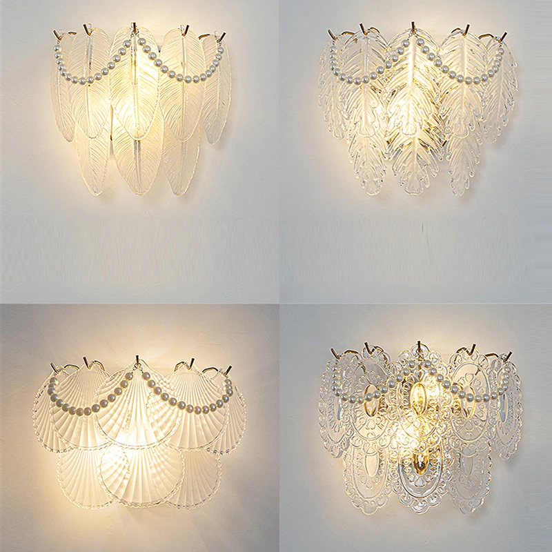 Pearl Chain Feather Leaf Shell Sun Flower Shaped Glass Light Fixture LED Wall Lamp Bedroom Night Luxury Home Decor Appliance