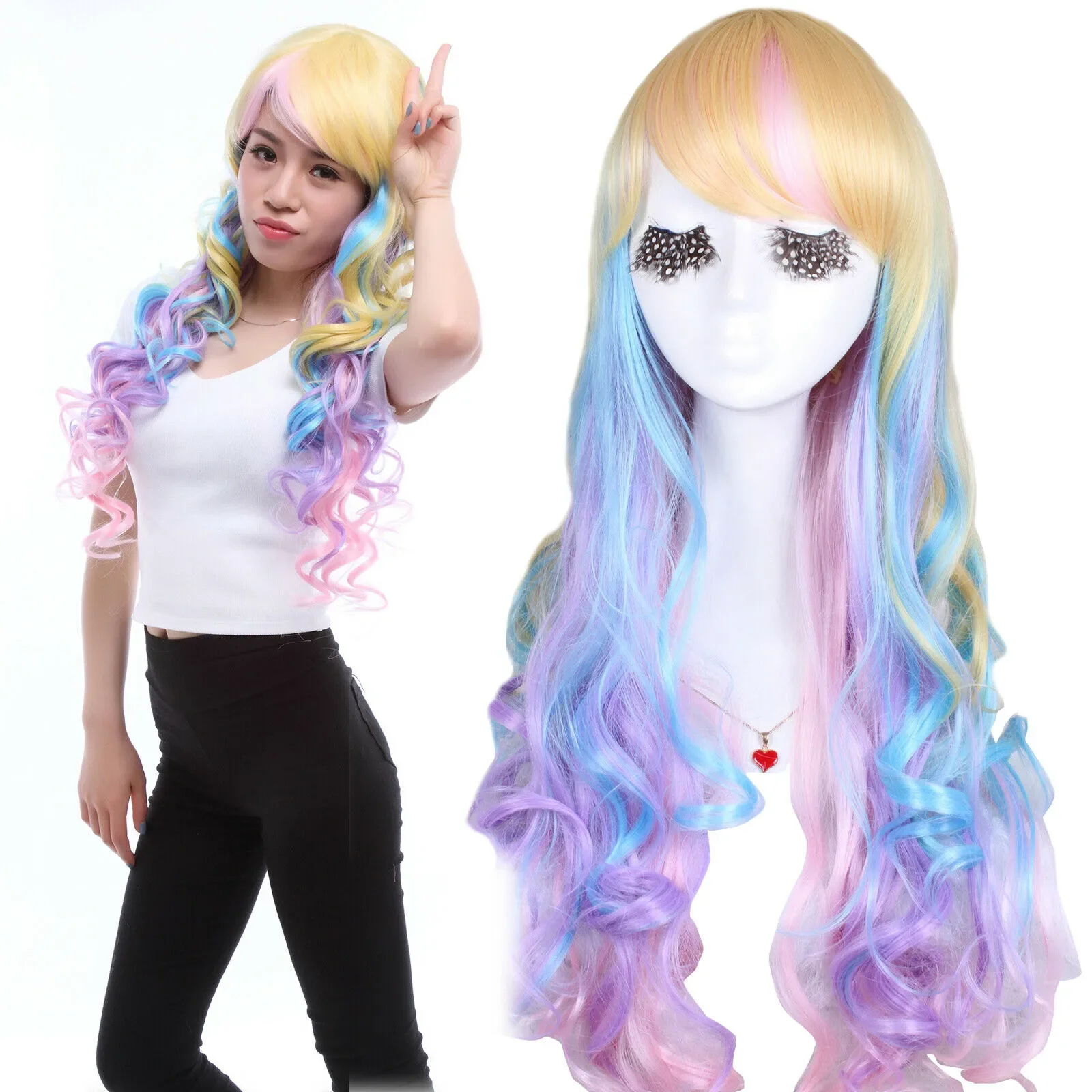 free shipping Cosplay Hair Wig Long Multy-color Wave Women Hair Bangs Party Hair Wigs