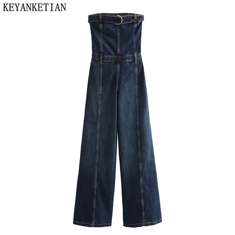 

KEYANKETIAN New Women's Denim Rompers Belt Decoration Design Slash neck High-waisted Female Stylish Trouserswide-legged pants