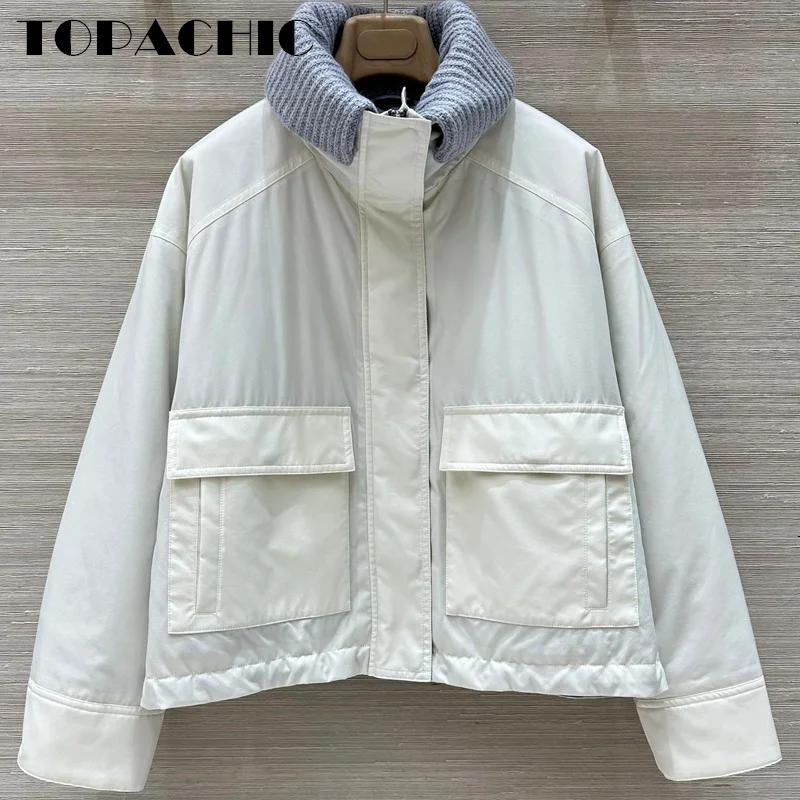 8.26 TOPACHIC-Women Back Bead Chain Long Sleeve Goose Down Coat Knit Lapel Detachable Design Big Pocket Loose Outerwear