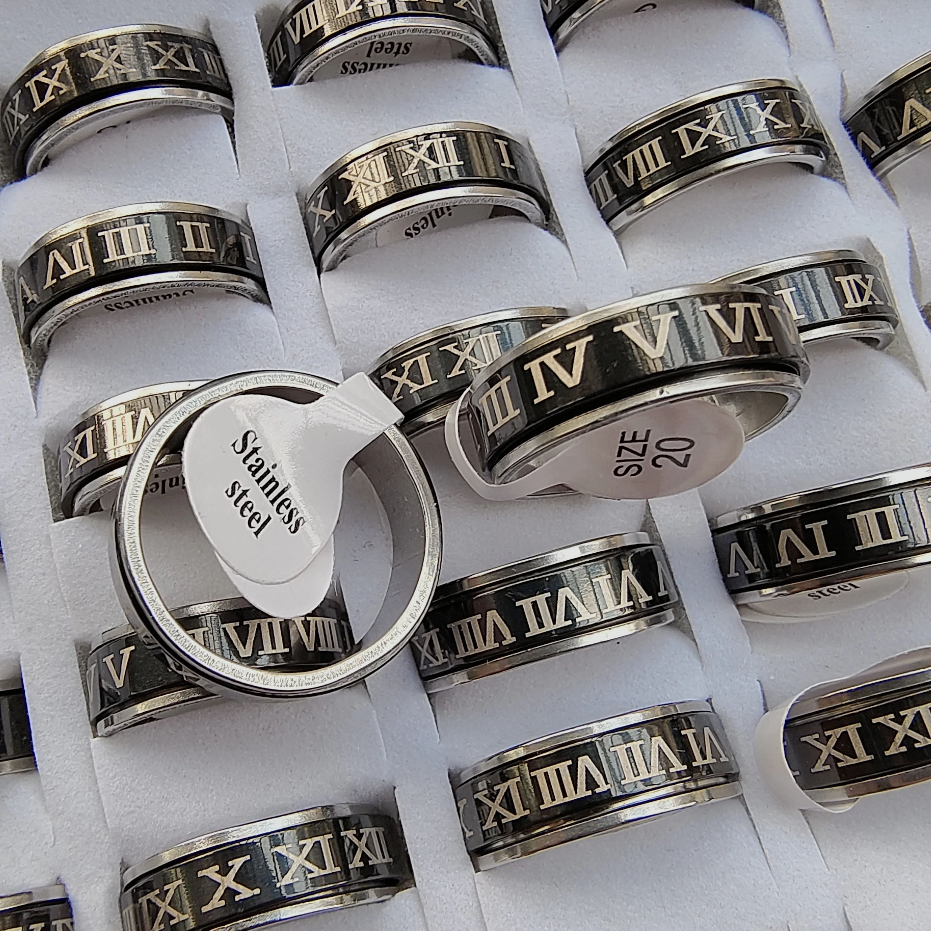 18/36pcs Wholesale Roman Numbers Can rotate Men Rings High Quality Black Stainless Steel Women Man Party Jewelry Birthday Gifts