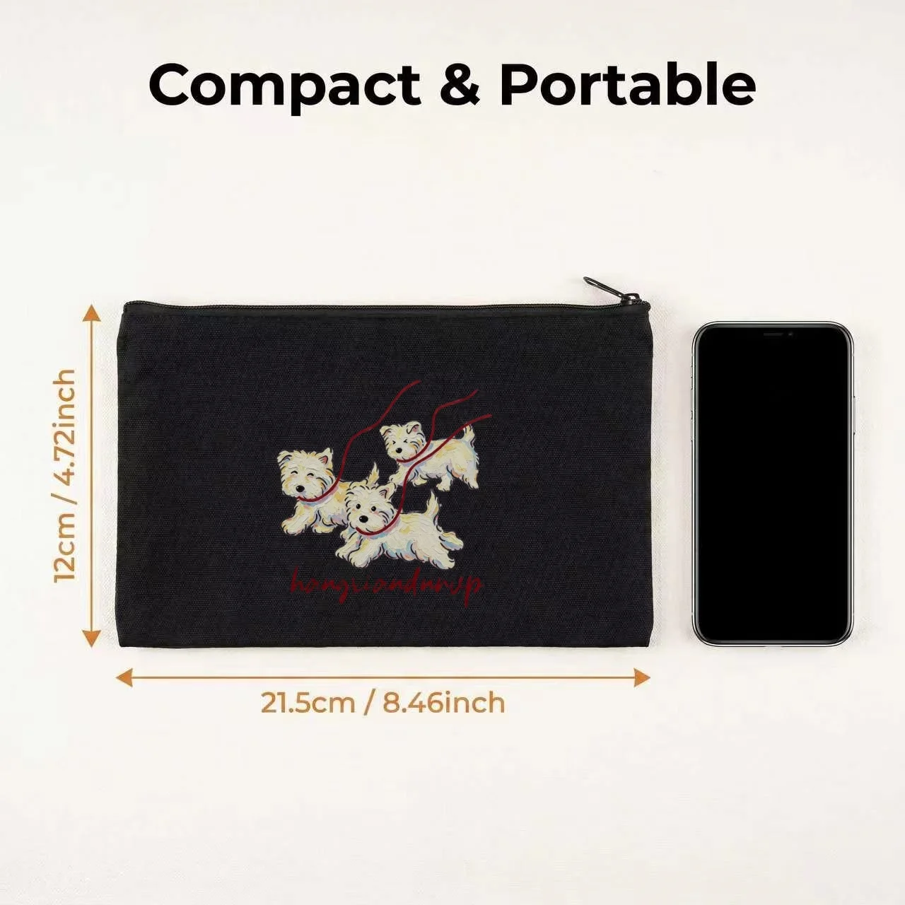 1PC Three White Westie Dogs Red Leash Print Canvas Cosmetic Bag Double Sided Portable Travel Zipper Pouch