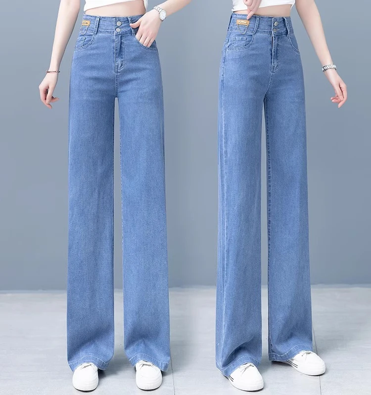 

Мягкие джинсы из шелковистого денима для женщин, весна-осень, тонкие, свободные, прямые, с высокой талией, из ледяного шелка, широкие брюки, хлопок, стрейч