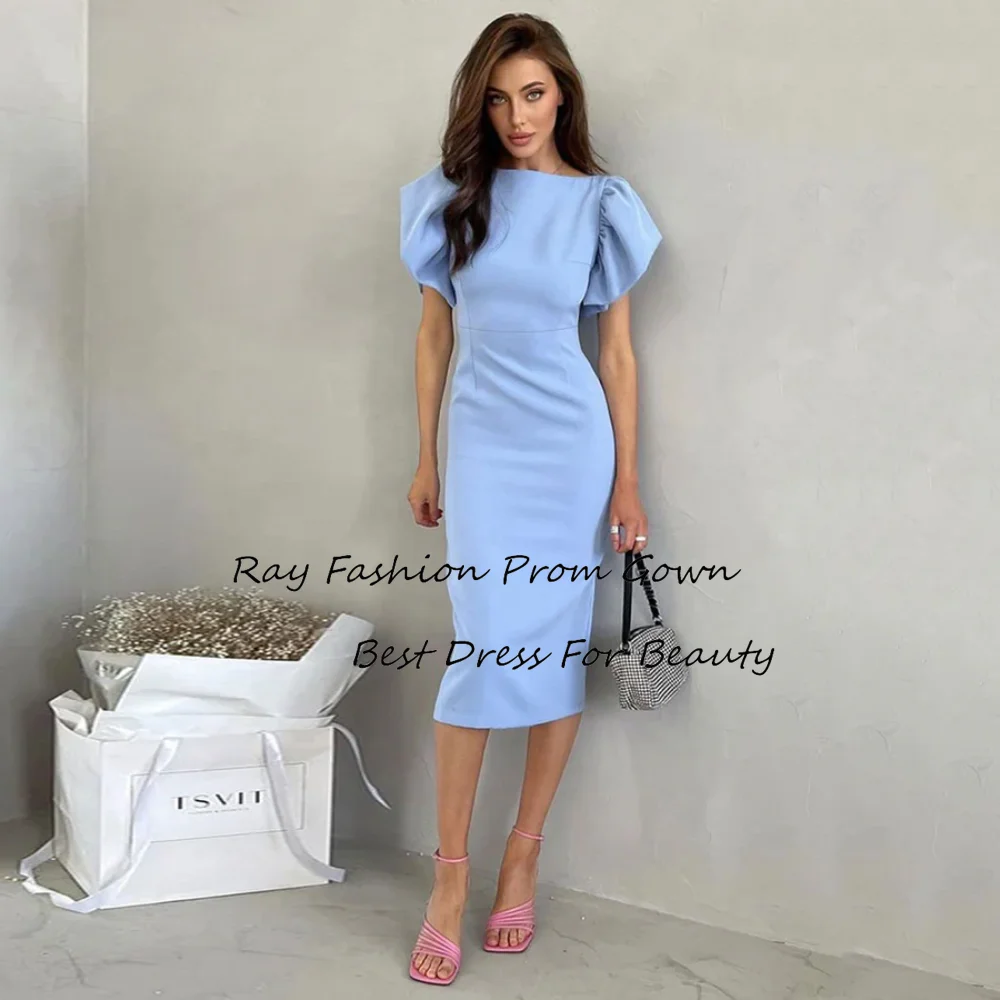 

Ray Fashion Mermaid Evening Dress Boat Neck With Short Puff Sleeves Tea Length For Women Formal Occasion Gowns فساتين سهرة