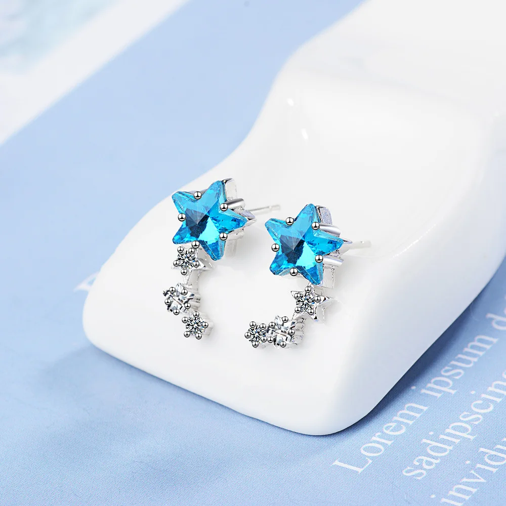 

925 Sterling Silver Blue Star Crystal Piercing Stud Earrings For Women Luxury Party Jewelry Accessories Wholesale