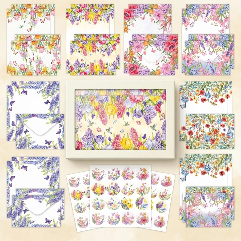 Spring Watercolor Floral Stationery Set 50 Sheets Envelopes 3 Stickers for Handwritten Notes