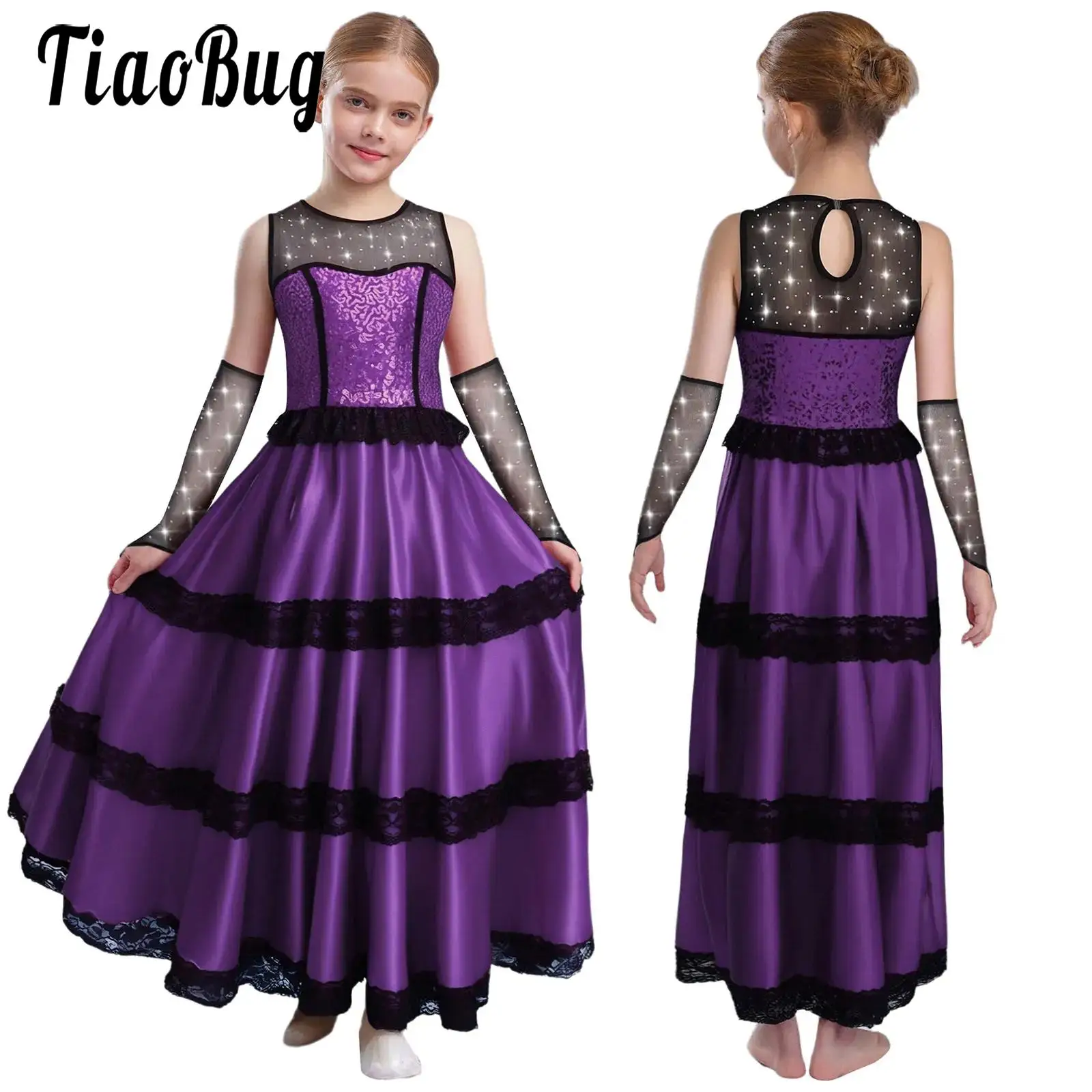 

Girls Spanish Flamenco Dance Dress Ruffles Satin Maxi Dress Classic Flamengo Gypsy Dresses Dancewear Showing Performance Costume